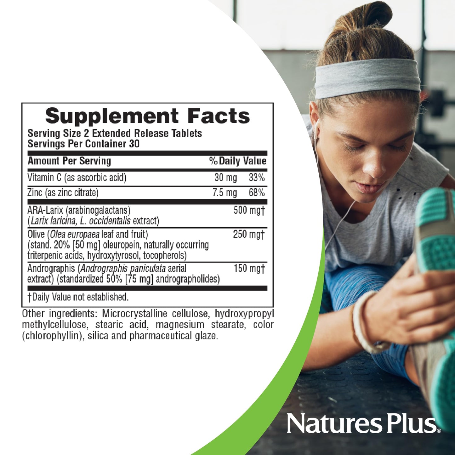 Natures Plus Herbal Actives Tri Immune – Olive Leaf, Arabinogalactans & Andrographis + Vitamin C (60 Vegan Tablets, Extended Release)