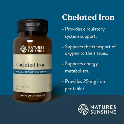 Nature's Sunshine Iron-Chelated 25mg – 180 Tablets | Circulatory Support & Oxygen Transport