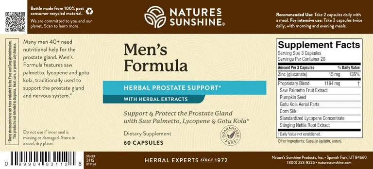 Nature's Sunshine Men's Formula with Lycopene (60 Capsules) – Supports Male Glandular Health