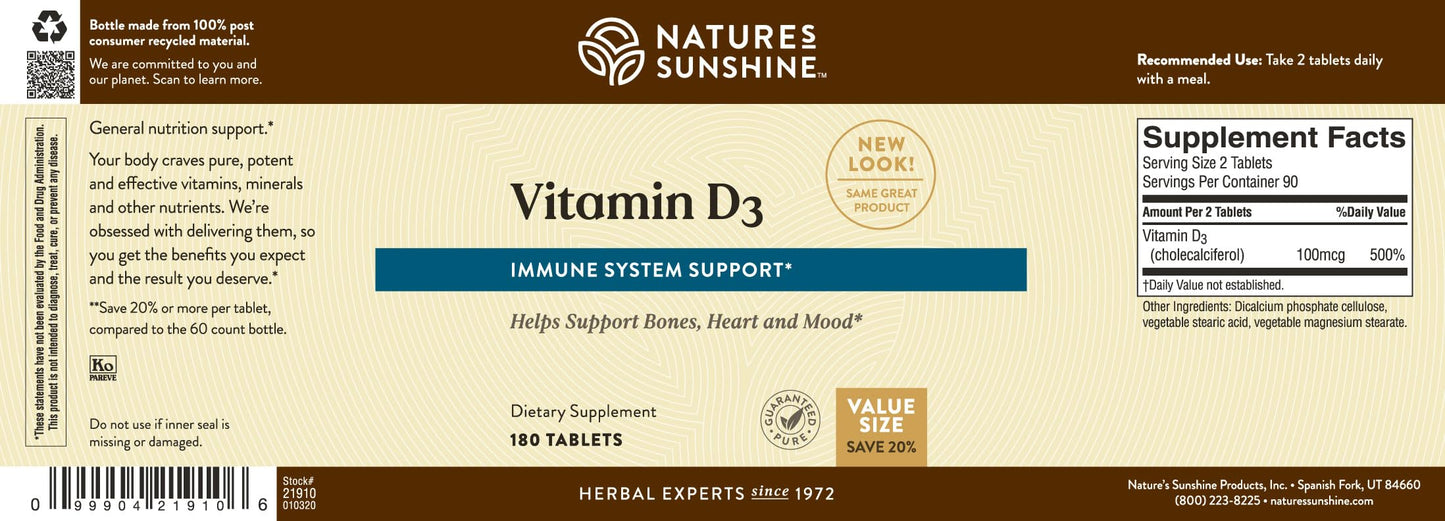 Nature's Sunshine Vitamin D3, 180 Tablets | Supports Bone Health, Overall Wellness, and May Improve Mood