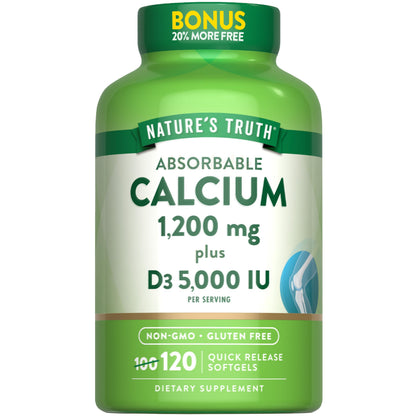 Nature's Truth Absorbable Calcium 1200 mg with Vitamin D3 5000 IU | 120 Softgels | Non-GMO & Gluten Free