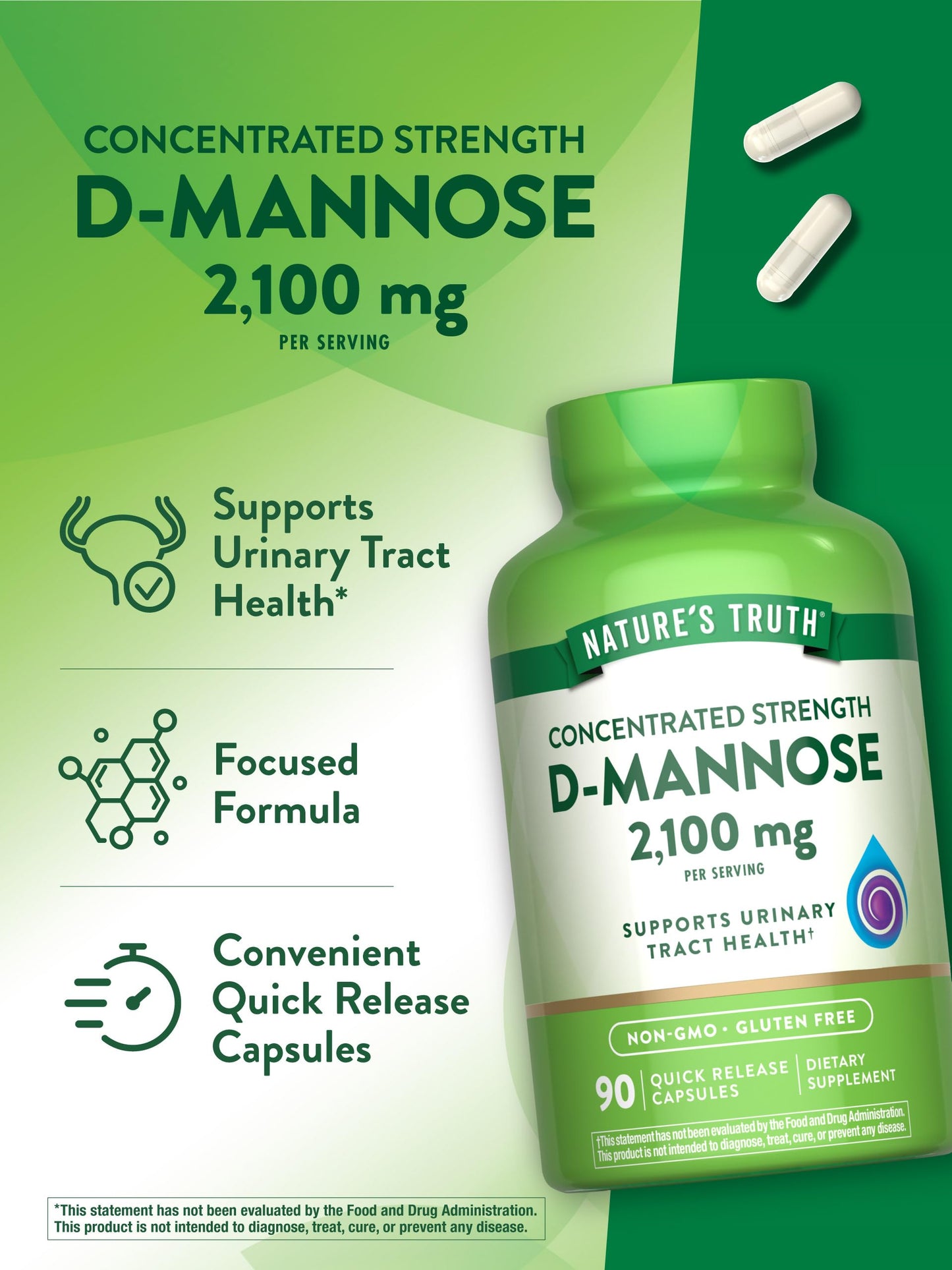 Nature's Truth D-Mannose Capsules | 2100mg | 90 Pills | Non-GMO & Gluten Free Supplement (Pack of 2)