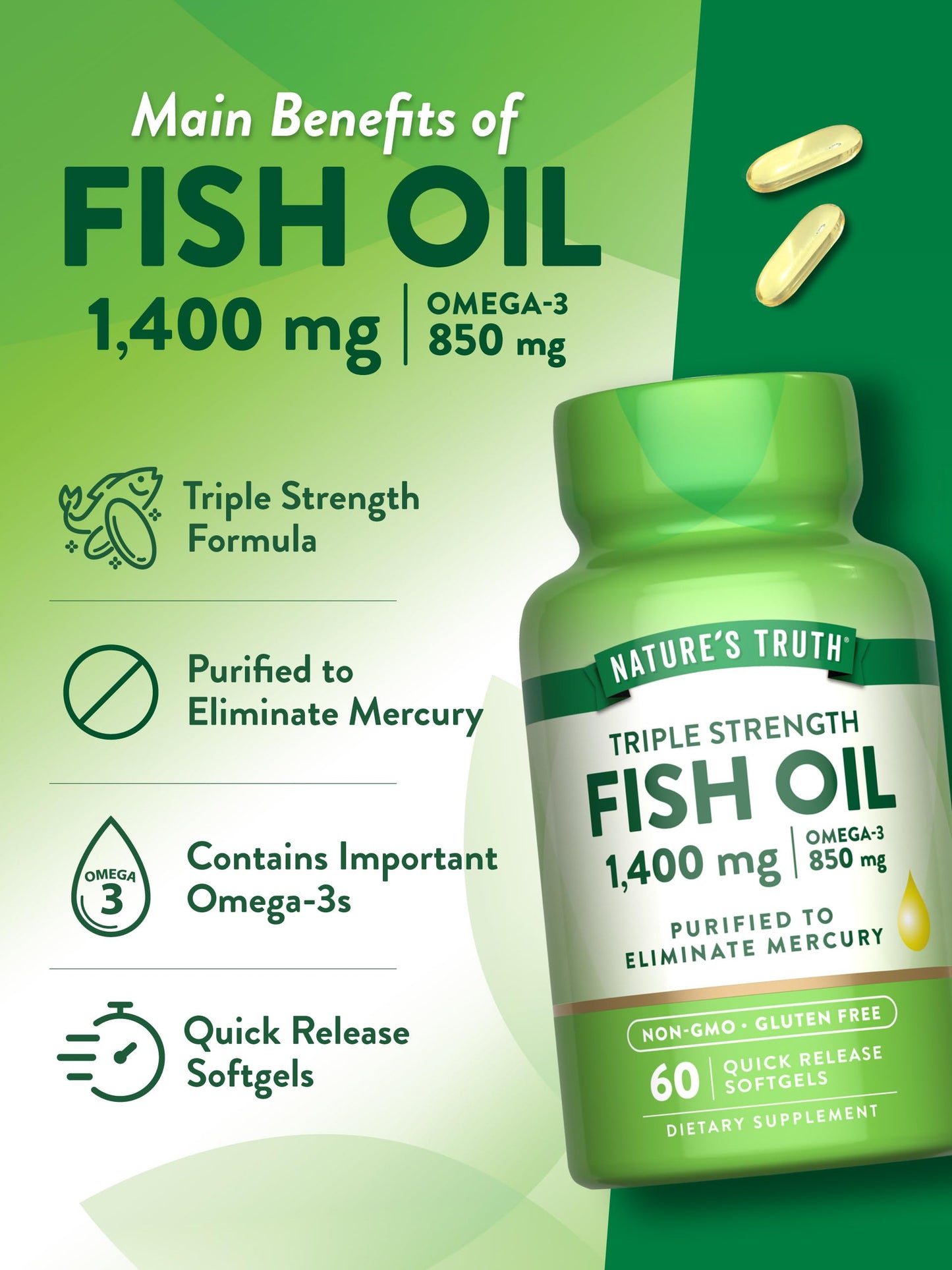 Nature's Truth Triple Strength Fish Oil Softgels - 1400 mg | 60 Count | Active Omega-3 | Non-GMO & Gluten Free