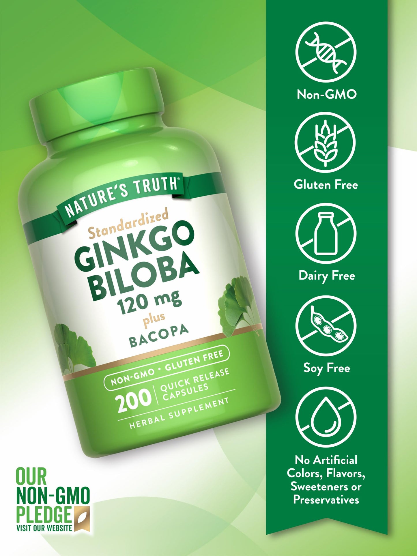 Nature's Truth Ginkgo Biloba 120mg with Bacopa – 200 Quick Release Capsules | Standardized Extract, Non-GMO & Gluten Free