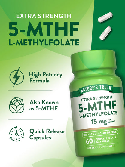 Nature's Truth L-Methylfolate 15mg – 60 Capsules – Extra Strength Pack of 2 | Non-GMO & Gluten Free