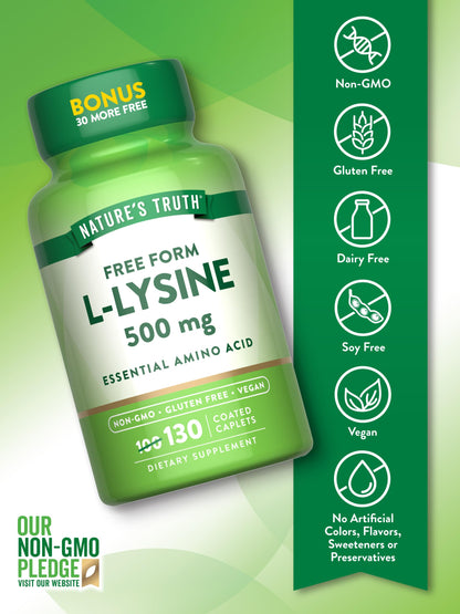 Nature's Truth L-Lysine 500mg | 130 Coated Caplets | Free Form | Essential Amino Acid | Vegan, Non-GMO, Gluten Free