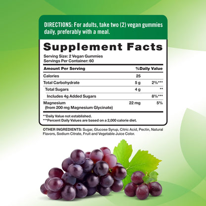 Nature's Truth Magnesium Glycinate Gummies for Adults - 200 mg, 120 Count, Grape - Vegan, Non-GMO & Gluten Free