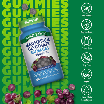 Nature's Truth Magnesium Glycinate Gummies for Adults - 200 mg, 120 Count, Grape - Vegan, Non-GMO & Gluten Free