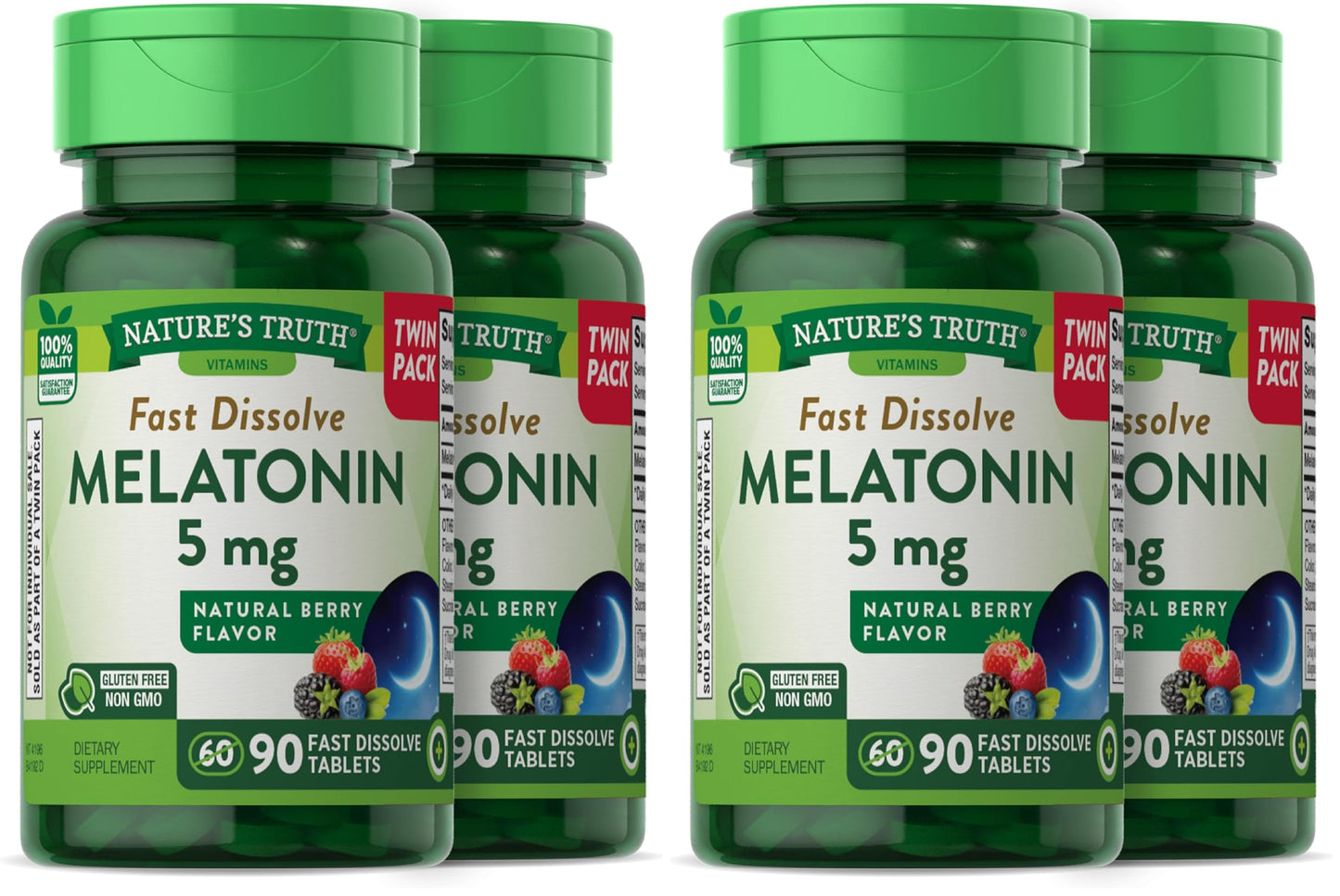 Nature's Truth Melatonin 5 mg | 180 Fast Dissolve Tablets (2 X 90 Twin Pack) | Natural Berry Flavor | Vegetarian, Non-GMO, Gluten Free Supplement (Pack of 2)