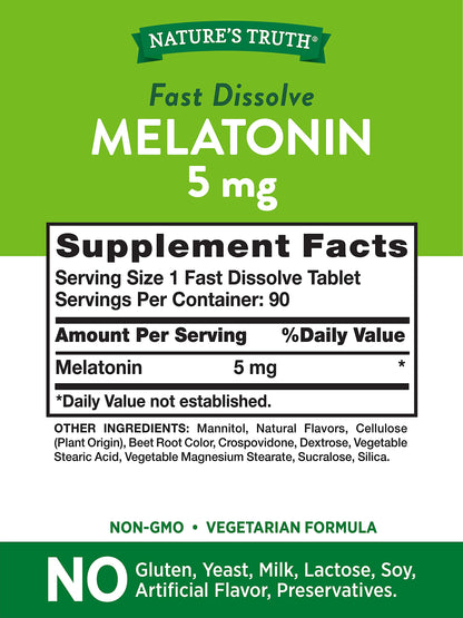 Nature's Truth Melatonin 5 mg | 180 Fast Dissolve Tablets (2 X 90 Twin Pack) | Natural Berry Flavor | Vegetarian, Non-GMO, Gluten Free Supplement (Pack of 2)