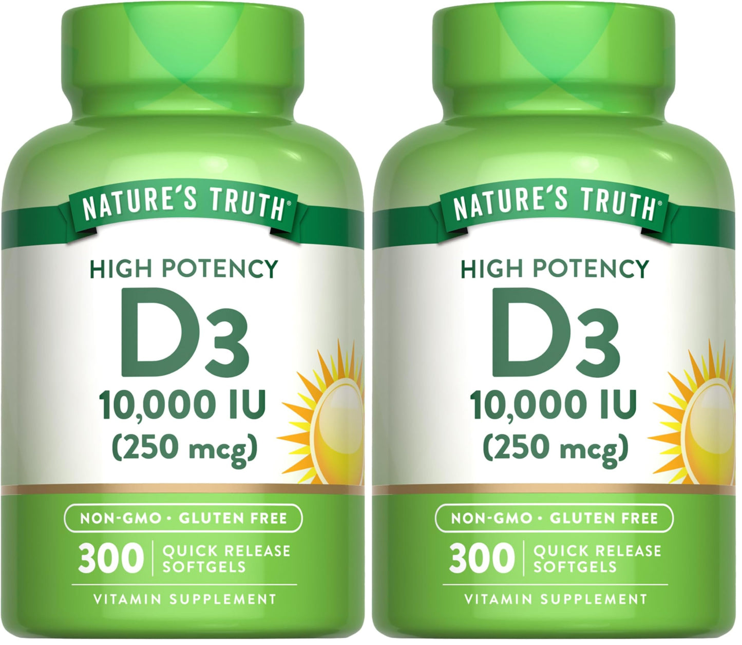 Nature's Truth Vitamin D3 10000 IU Softgels | 300 Count | Extra Strength | Non-GMO & Gluten Free Supplement (Pack of 2)