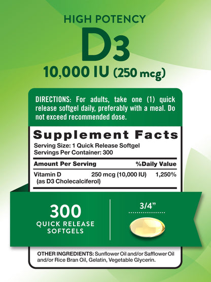Nature's Truth Vitamin D3 10000 IU Softgels | 300 Count | Extra Strength | Non-GMO & Gluten Free Supplement (Pack of 2)