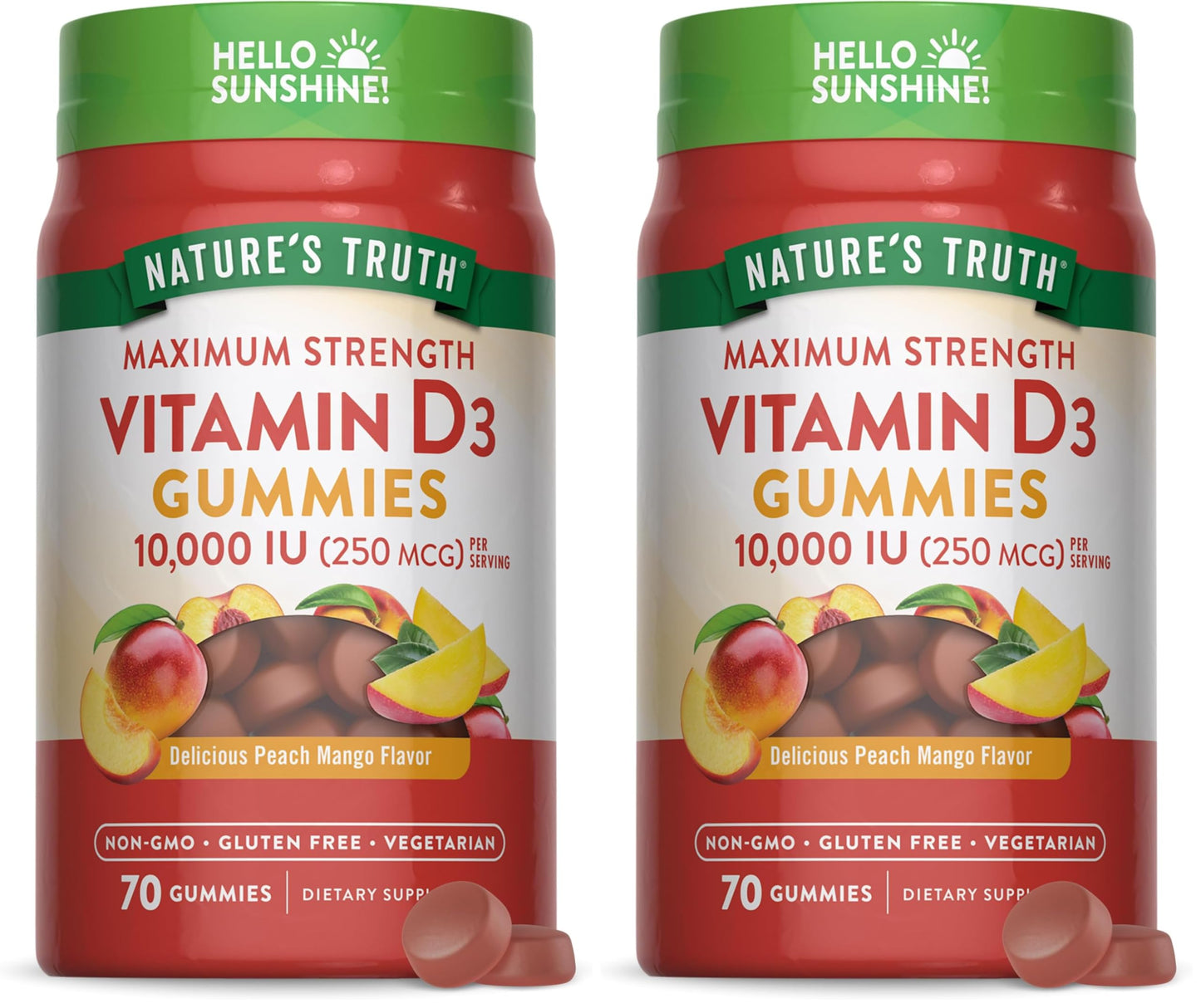 Nature's Truth Vitamin D3 Gummies – 10,000 IU, Peach Mango, 70 Count (2-Pack) | Vegetarian, Non-GMO & Gluten Free