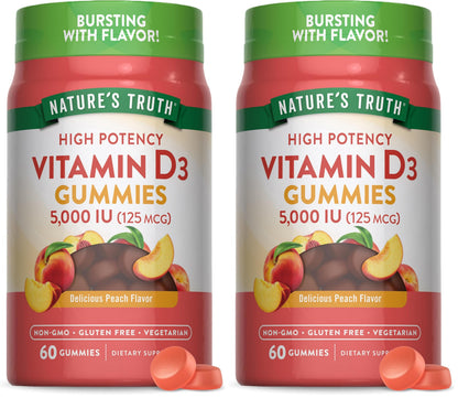 Nature's Truth Vitamin D3 Gummies 5000 IU – Peach, Vegetarian, Gluten Free (60 Count, Pack of 2)
