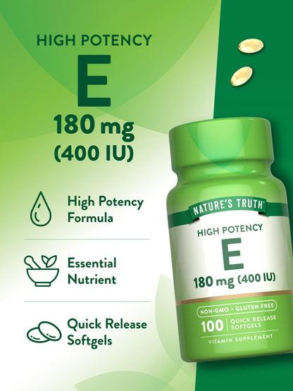 Nature's Truth Vitamin E Softgels - 400 IU (180 mg) - 100 Count - Non-GMO & Gluten Free