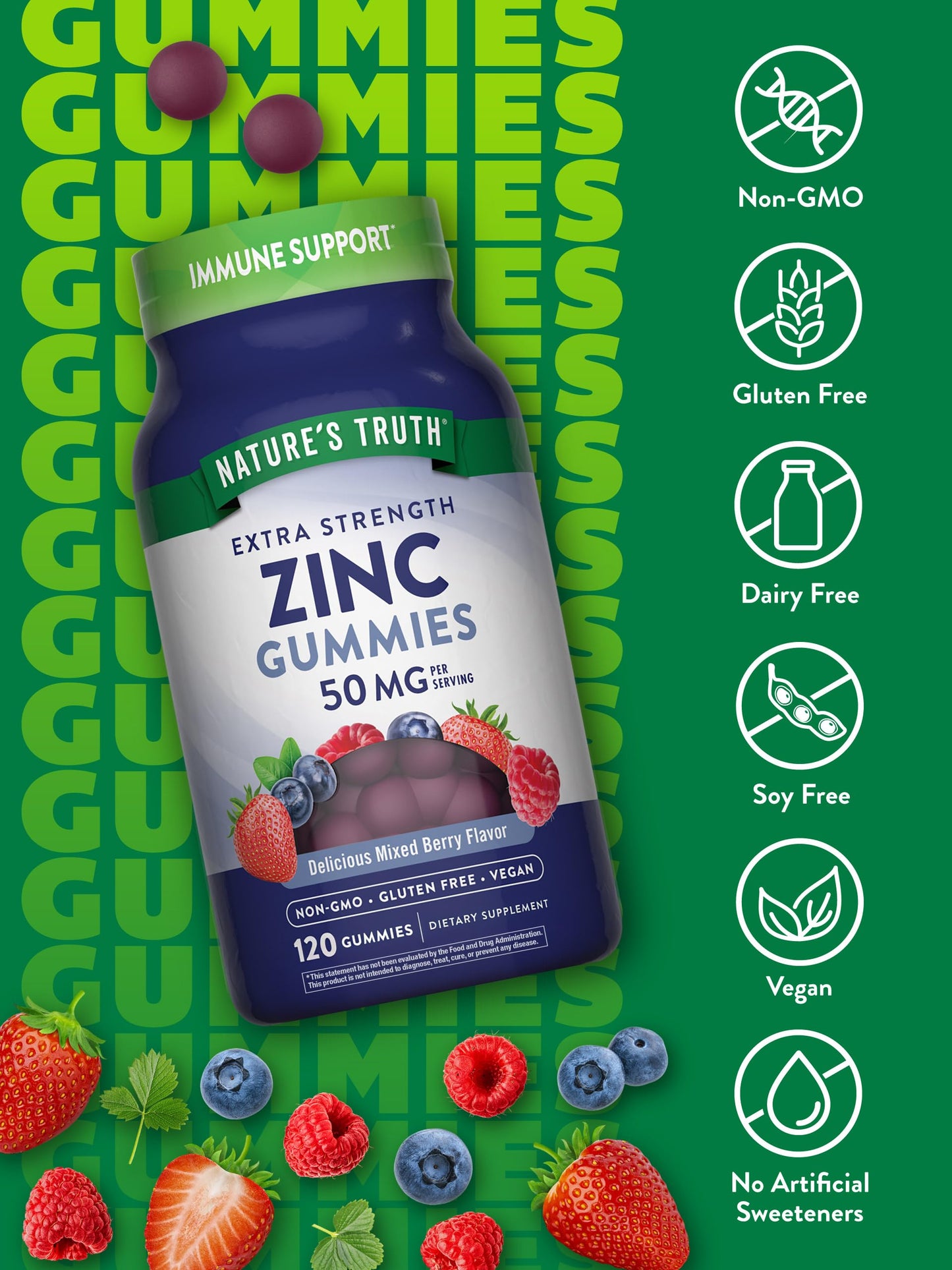 Nature's Truth Zinc Gummies for Adults - 50 mg Zinc Citrate, 120 Count, Vegan, Gluten Free | Mixed Berry (Pack of 2)