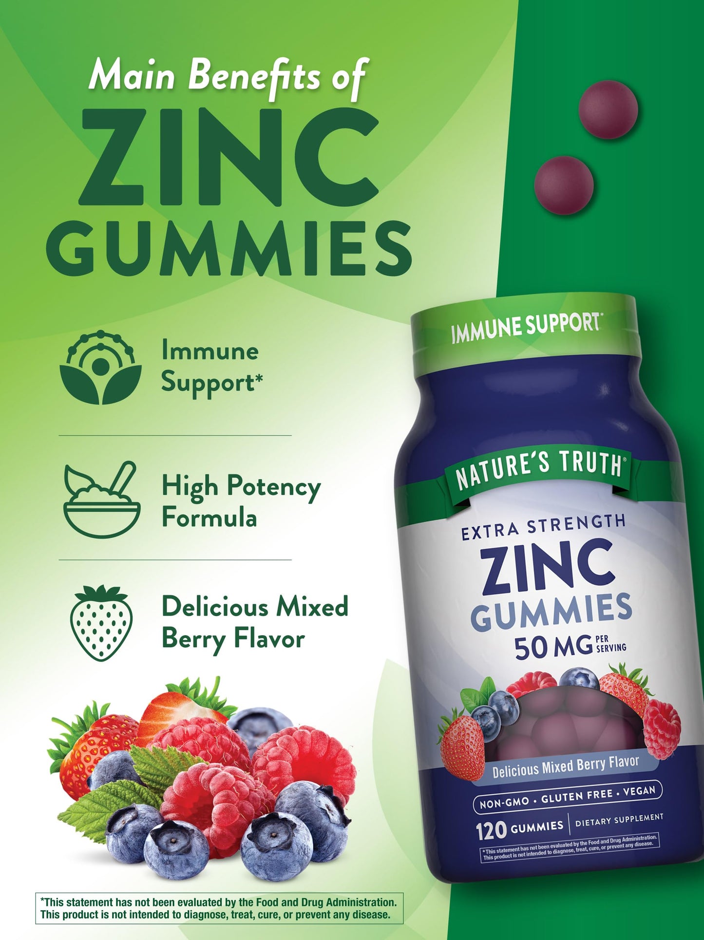 Nature's Truth Zinc Gummies for Adults - 50 mg Zinc Citrate, 120 Count, Vegan, Gluten Free | Mixed Berry (Pack of 2)