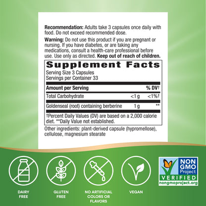 Nature's Way Goldenseal Root, Traditional Digestive Support*, Contains Berberine, Non-GMO Project Verified, Vegan, 100 Capsules (Packaging May Vary)