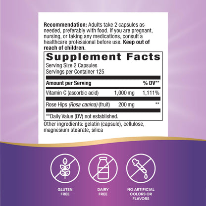 Nature's Way Vitamin C with Rose Hips – 1000 mg per 2-Capsule Serving, Immune Support & Skin Health (500 Capsules)