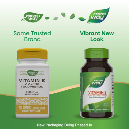 Nature's Way Vitamin E D-Alpha Tocopherol 268 mg – 2 Pack, Gluten-Free, Antioxidant Support (Packaging May Vary)