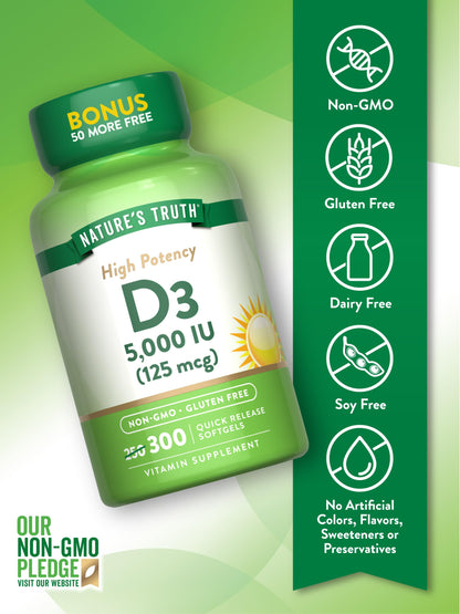 Nature's Truth Vitamin D3 5000 IU – 300 Softgels | Non-GMO, Gluten Free