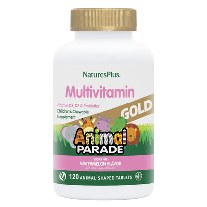 NaturesPlus Animal Parade Gold Kids Multivitamin — Watermelon Chewables, 2-Pack, D3, K2, Probiotics, Vegan & Gluten Free