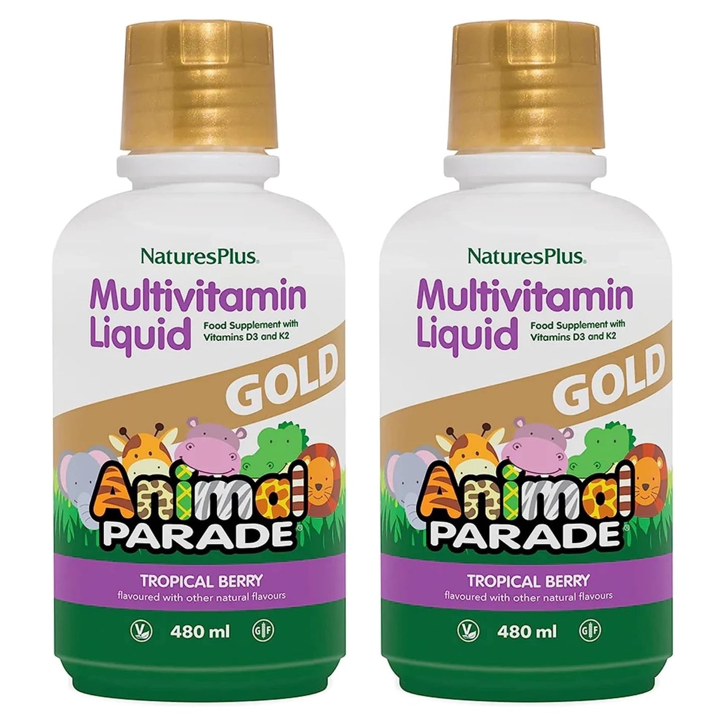 NaturesPlus Animal Parade Gold Children's Liquid Multivitamin – 2 x 16 oz, Tropical Berry, Gluten Free & Vegan, 64 Servings