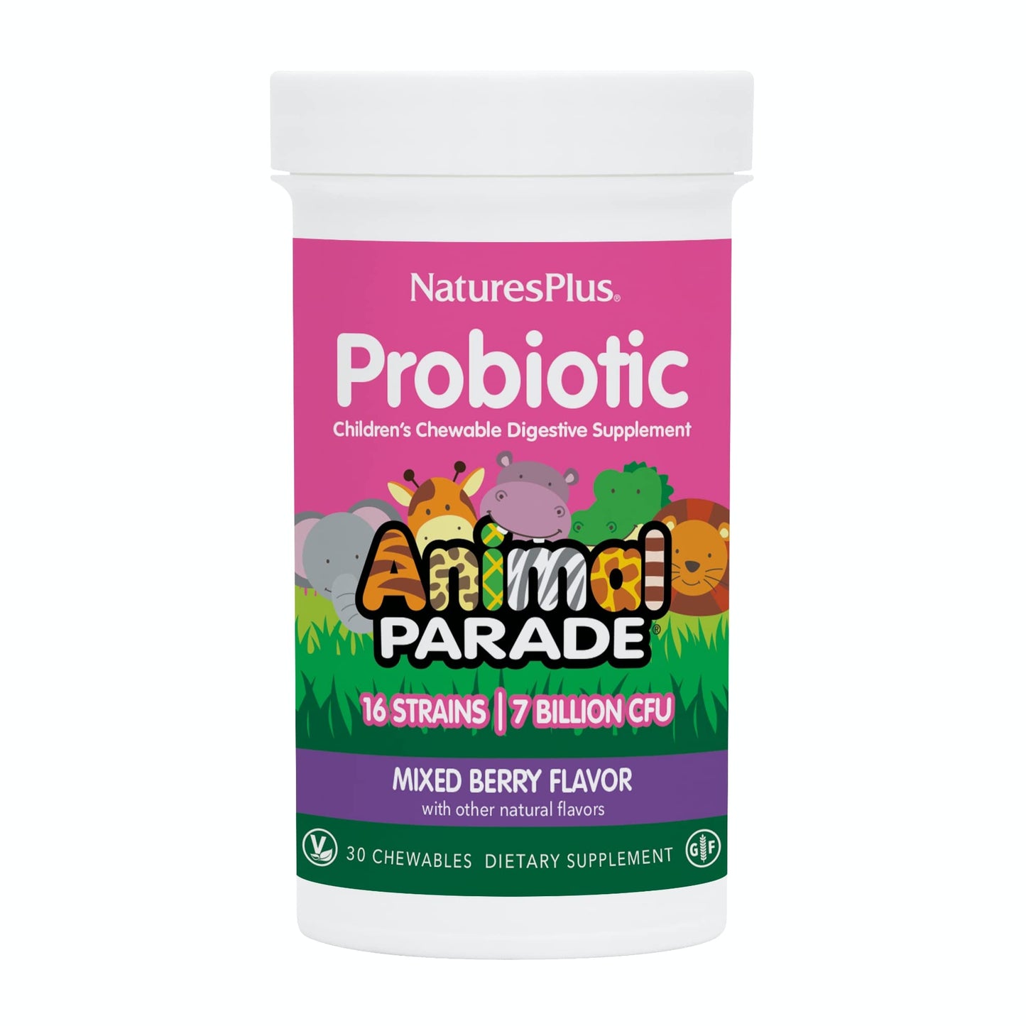 NaturesPlus Animal Parade Probiotic - Mixed Berry for Kids | Gut Health & Immunity | Vegan & Gluten Free