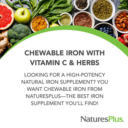 Nature's Plus Chewable Iron 27 mg - 90 Tablets | High Potency Iron with Vitamin C & Herbs