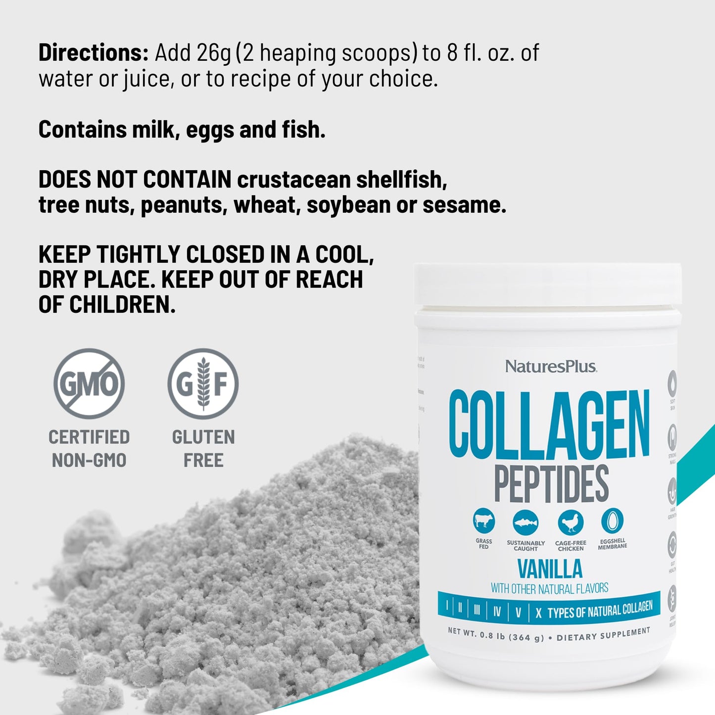 NaturesPlus Collagen Peptides Vanilla – 0.8 lb Powder | Hair, Skin, Nails, Joints & Immune Support
