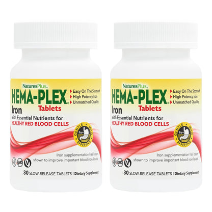 NaturesPlus Hema-Plex Iron – 60 Servings, 85 mg Chelated Iron, Slow-Release (Pack of 2) – Gluten Free, Vegetarian