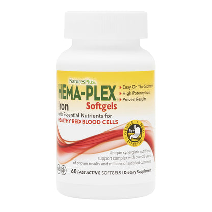 NaturesPlus Hema-Plex Iron - 85 mg Iron, 60 Softgels | Vegan & Gluten Free