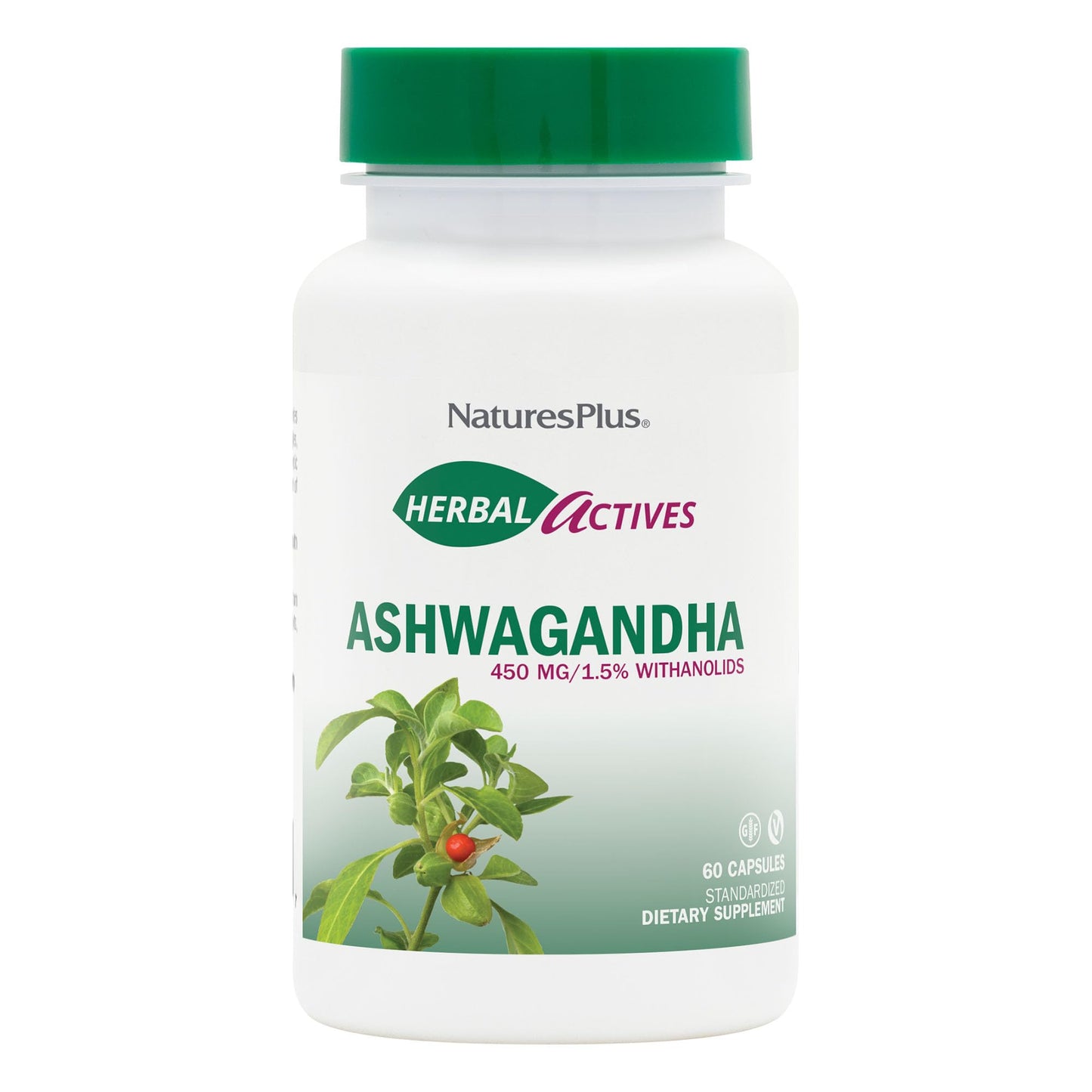 NaturesPlus Herbal Actives Ashwagandha 450 mg – 60 Vegetarian Capsules | Prescription Quality, Gluten Free