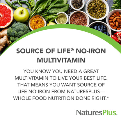 NaturesPlus Source of Life No Iron Tablets – Vegetarian Multivitamin, Gluten-Free, 60 Servings