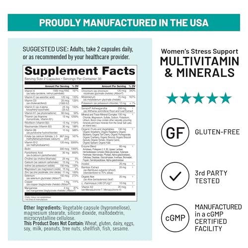 NatureWise Women's Multivitamin with Stress Support – Immunity, Hair, Skin & Nails | Organic Whole Foods, Non-GMO | 60 Capsules