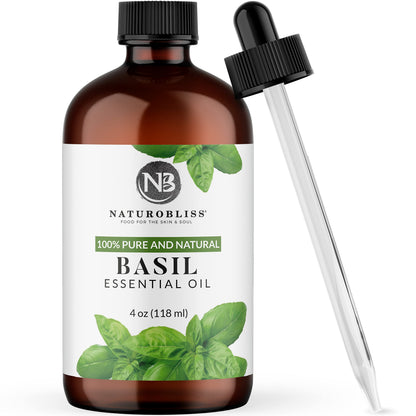 NaturoBliss 100% Pure Basil Essential Oil – Therapeutic Grade, 4 fl oz | Glass Dropper