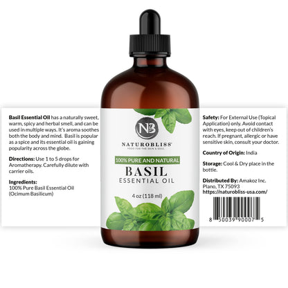 NaturoBliss 100% Pure Basil Essential Oil – Therapeutic Grade, 4 fl oz | Glass Dropper