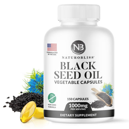 NaturoBliss Black Seed Oil Softgels – 150 Vegan, Non-GMO, Cold-Pressed Nigella Sativa