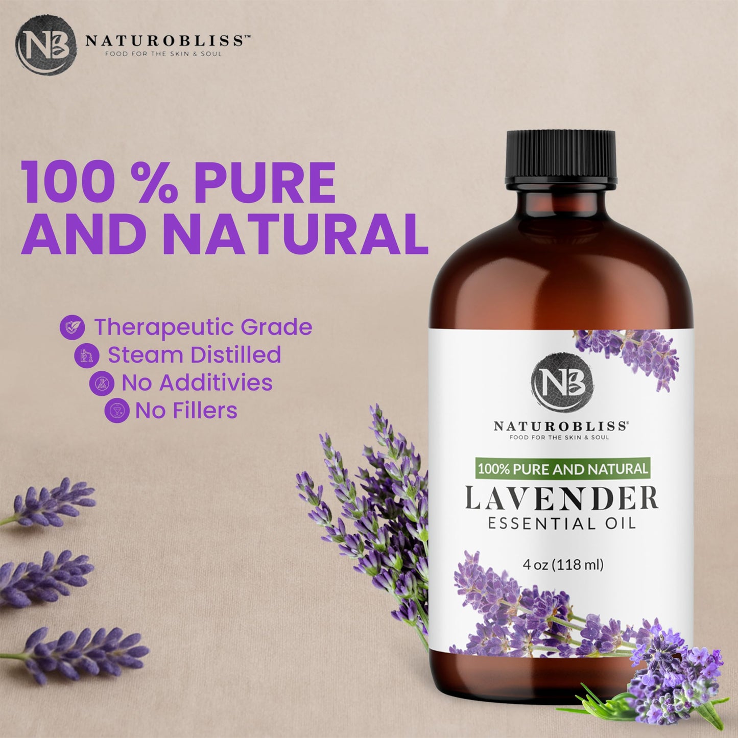 NaturoBliss 100% Pure Lavender Essential Oil – Therapeutic Grade, Premium Quality, 4 fl oz with Glass Dropper