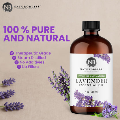 NaturoBliss 100% Pure Lavender Essential Oil – Therapeutic Grade, Premium Quality, 4 fl oz with Glass Dropper