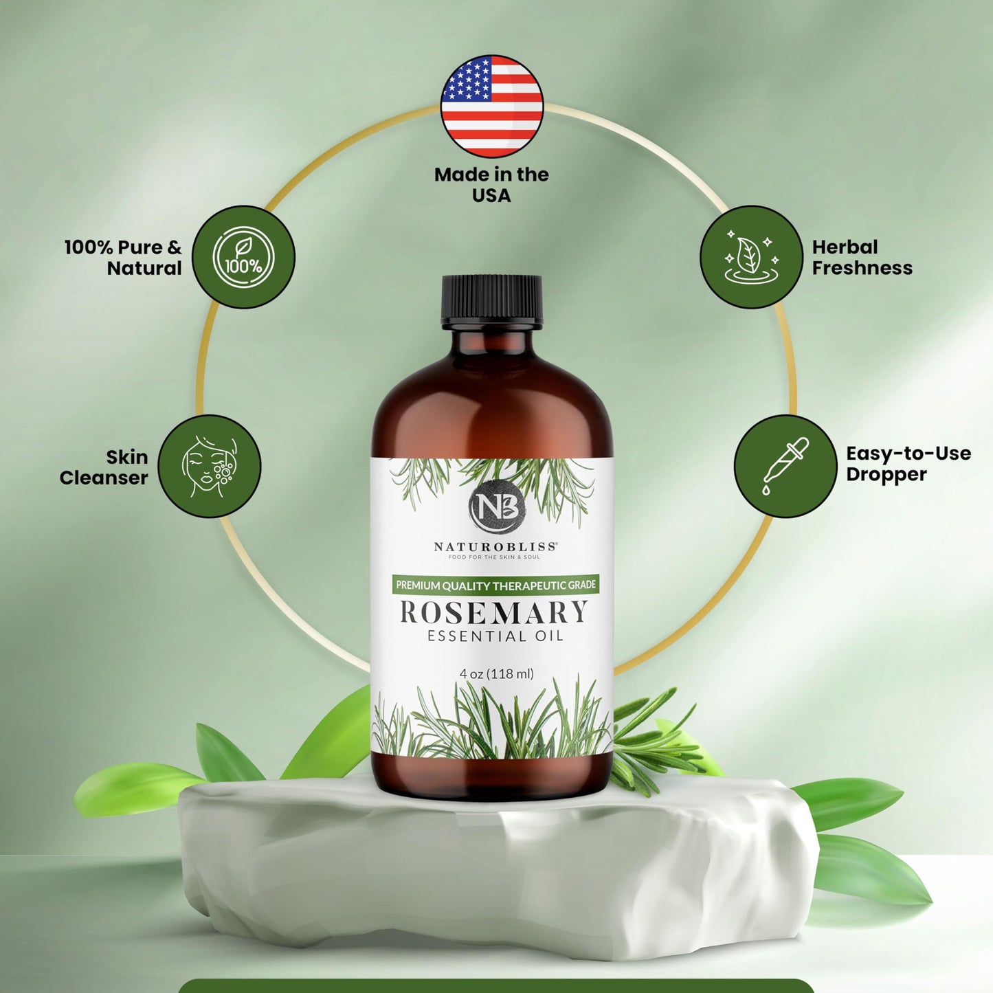 NaturoBliss Rosemary Essential Oil - 4 fl oz, 100% Pure, Therapeutic Grade, Glass Dropper