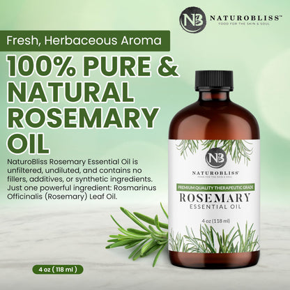 NaturoBliss Rosemary Essential Oil - 4 fl oz, 100% Pure, Therapeutic Grade, Glass Dropper
