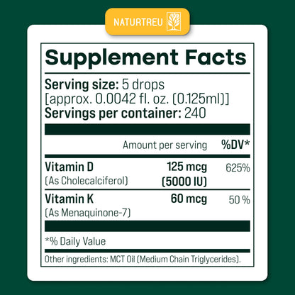 NATURTREU Vegan Vitamin D3 K2 Liquid Drops with MCT Oil - 240 Servings, 3X Absorption, Non-GMO, Doctor-Formulated