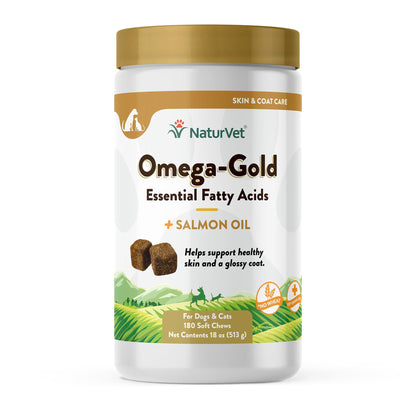 NaturVet Omega-Gold Plus Salmon Oil for Dogs & Cats | Healthy Skin & Glossy Coat | 180 Soft Chews