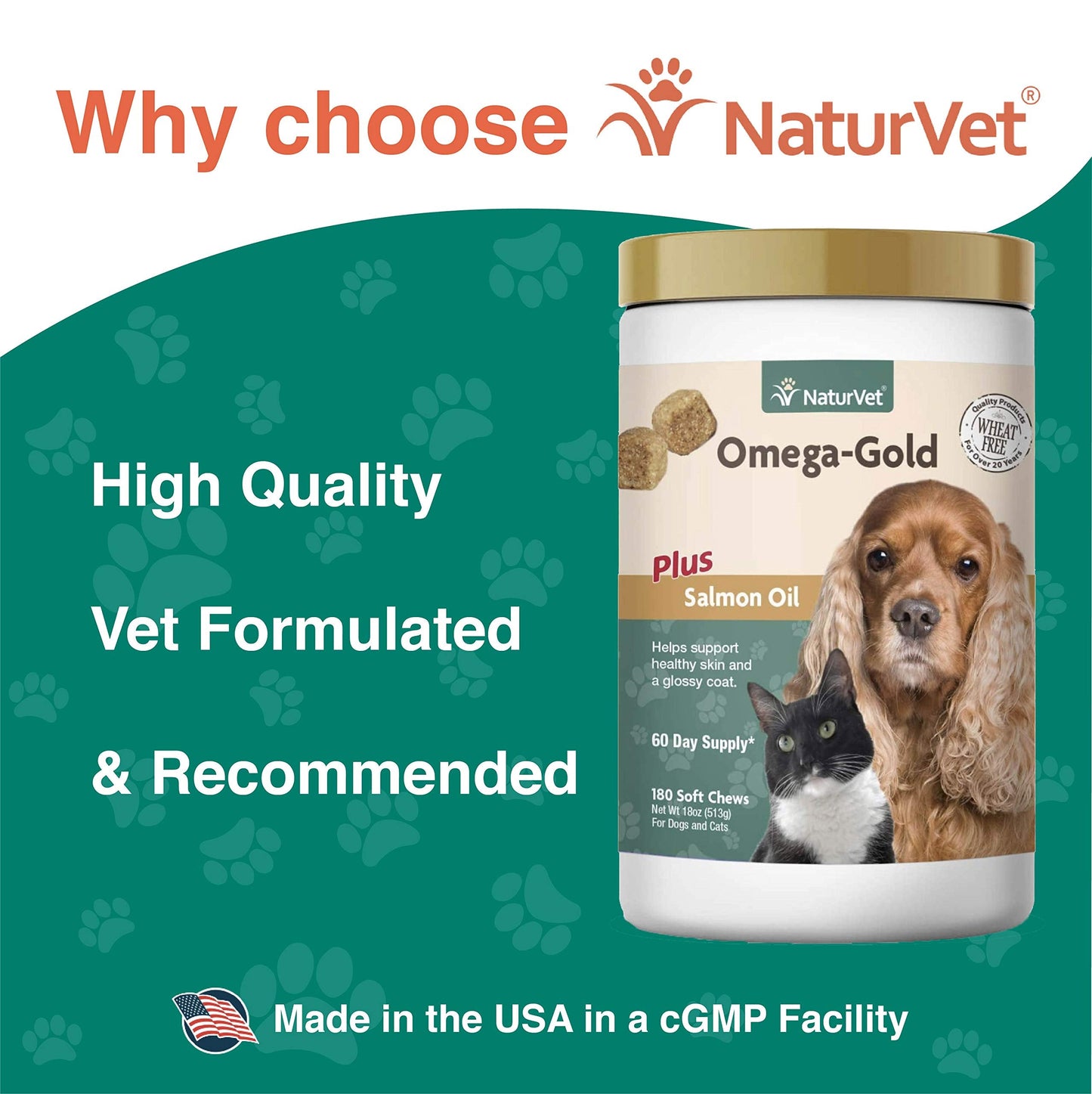 NaturVet Omega-Gold Plus Salmon Oil for Dogs & Cats | Healthy Skin & Glossy Coat | 180 Soft Chews