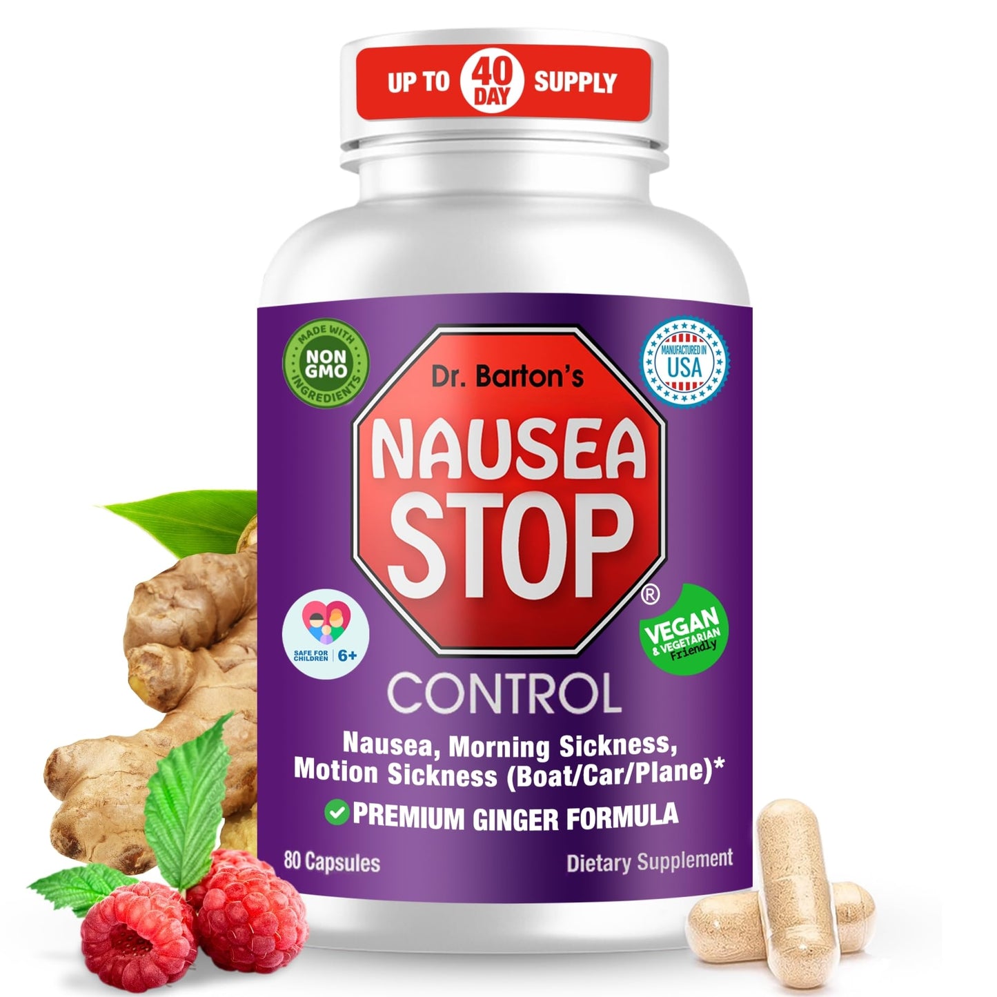 Nausea Stop Ginger Pills - Non-Drowsy Nausea Relief for Adults & Kids