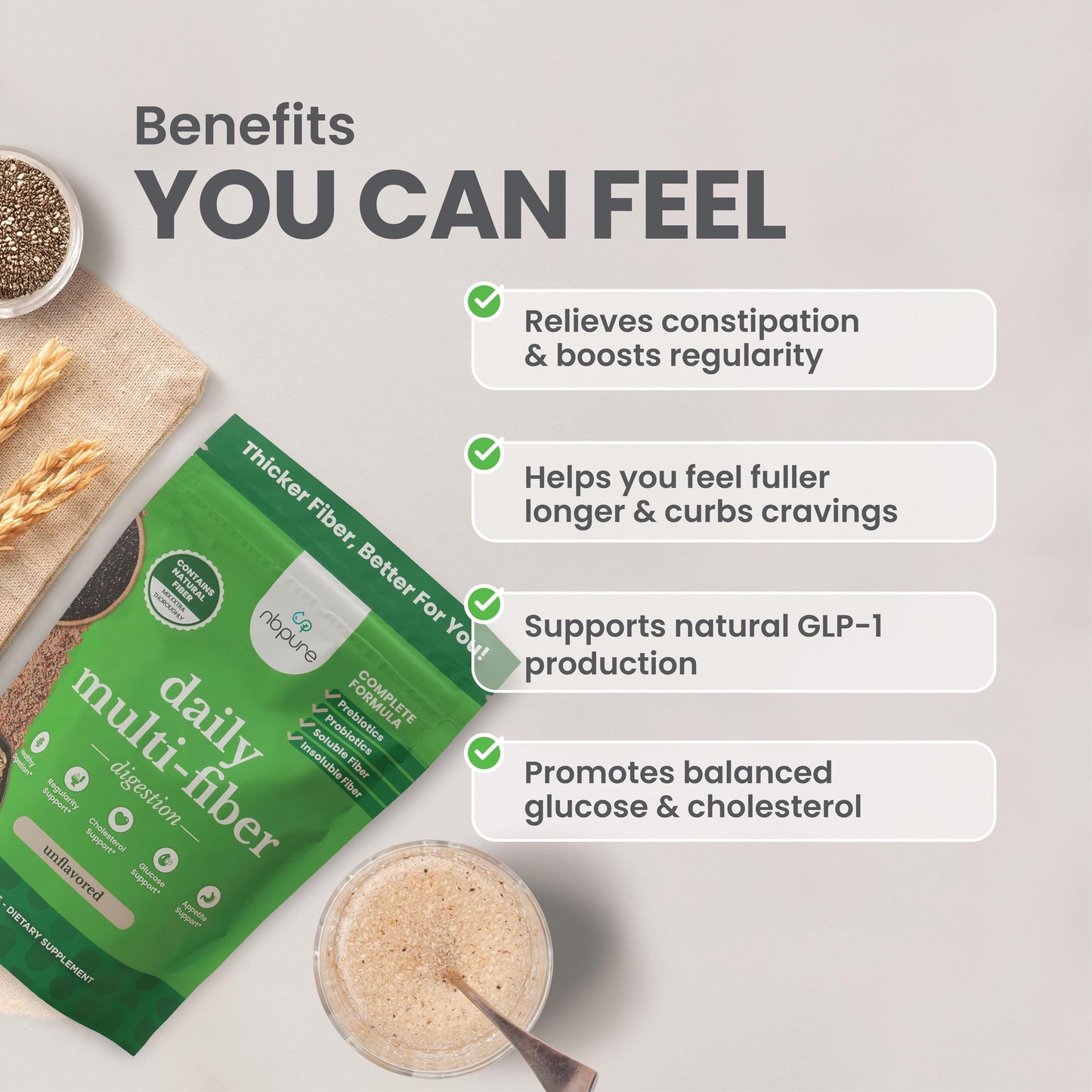 nbpure Daily Fiber Powder Blend – Digestive Health, Cholesterol Support, Weight Management | Savory Mocha, 45 Servings