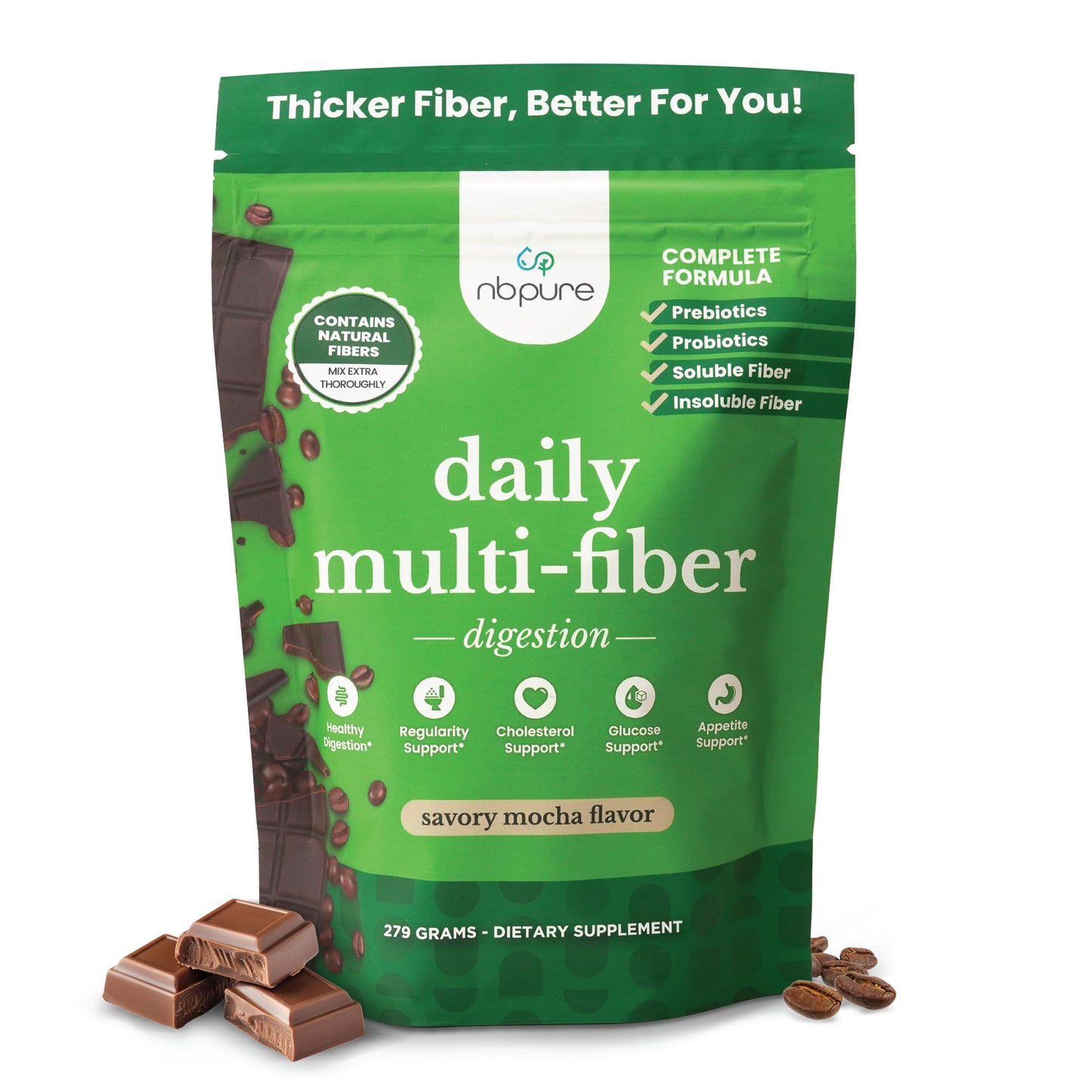nbpure Daily Fiber Powder Blend – Digestive Health, Cholesterol Support, Weight Management | Savory Mocha, 45 Servings