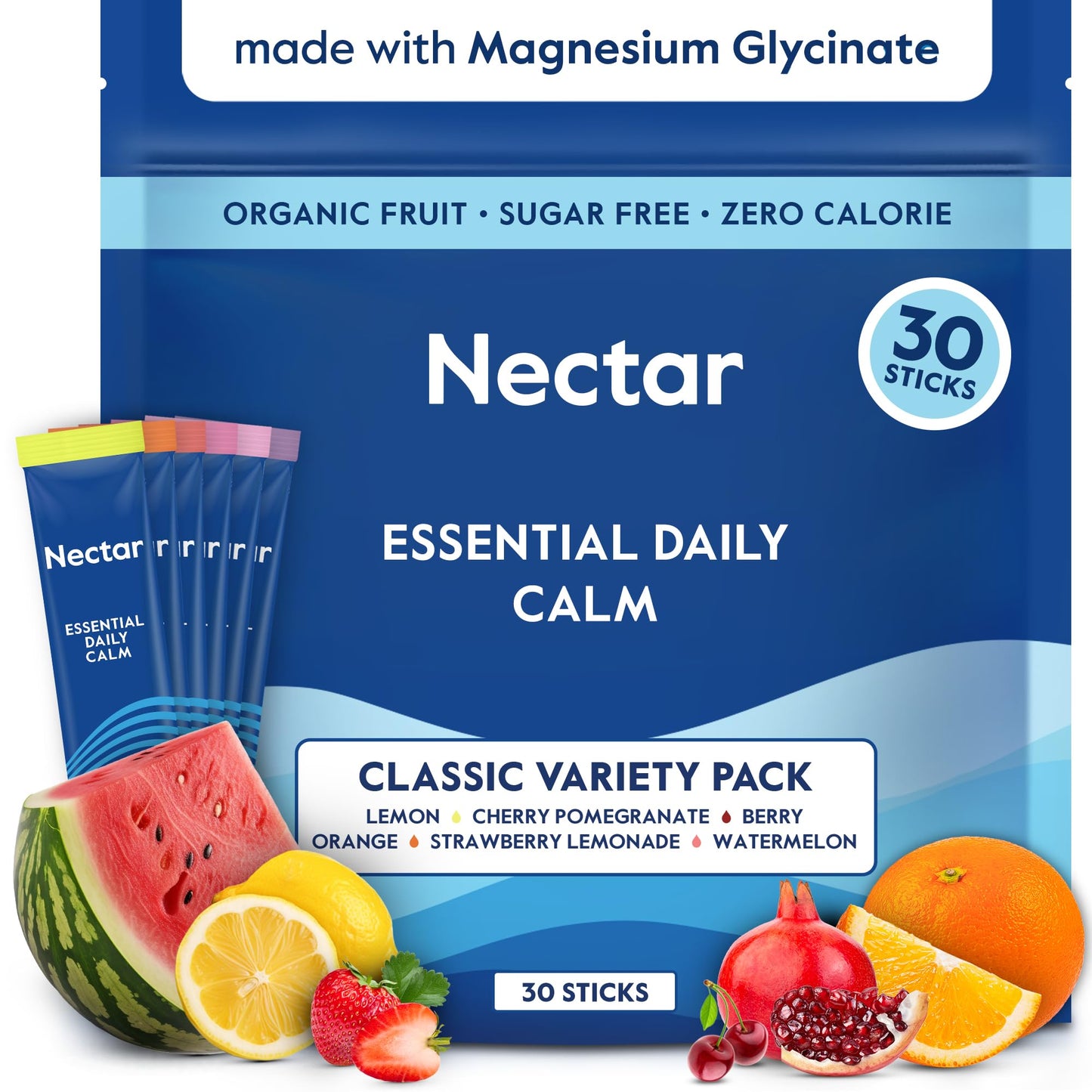 Nectar Calm Magnesium Glycinate Drink Mix – Sugar Free, Zero Calorie (30 Sticks)