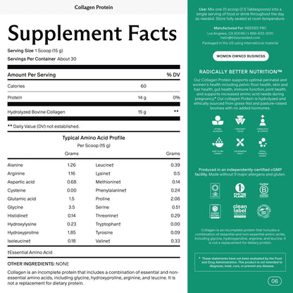 Needed Hydrolyzed Collagen Protein Powder – Grass-Fed, Hormone-Free, 1lb